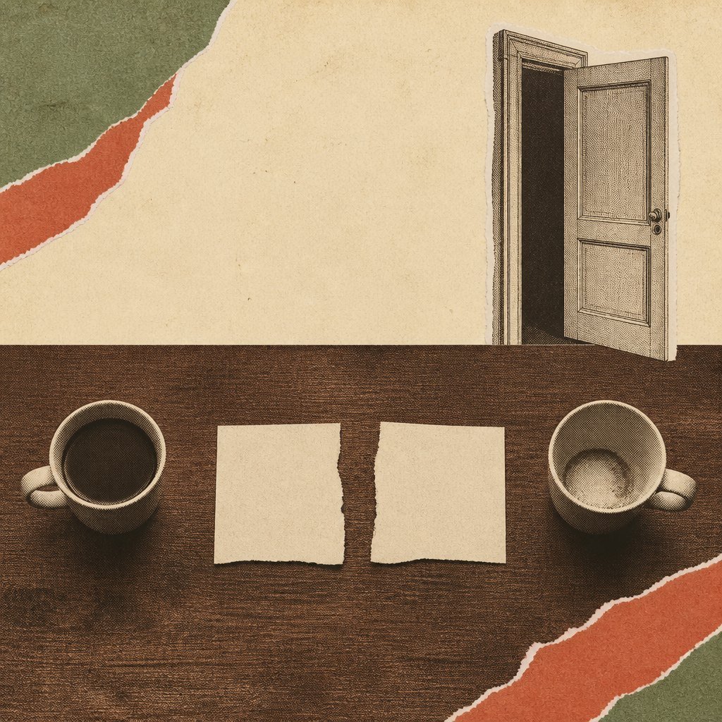 A table seen from above with two coffee mugs far apart and a single strip of paper torn cleanly in half between them, a door standing ajar above