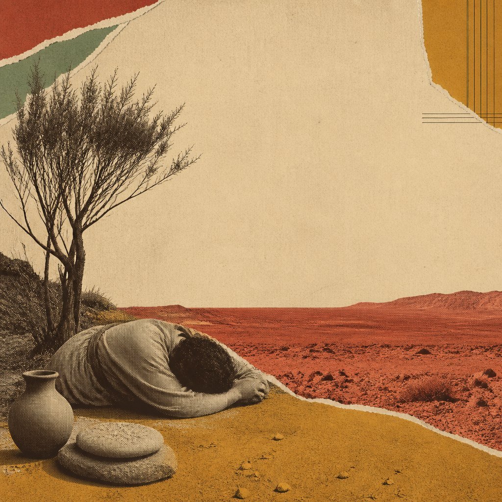 A robed figure asleep on the ground beneath a broom tree, a loaf of bread on a stone and a clay jar of water beside them, open desert stretching away