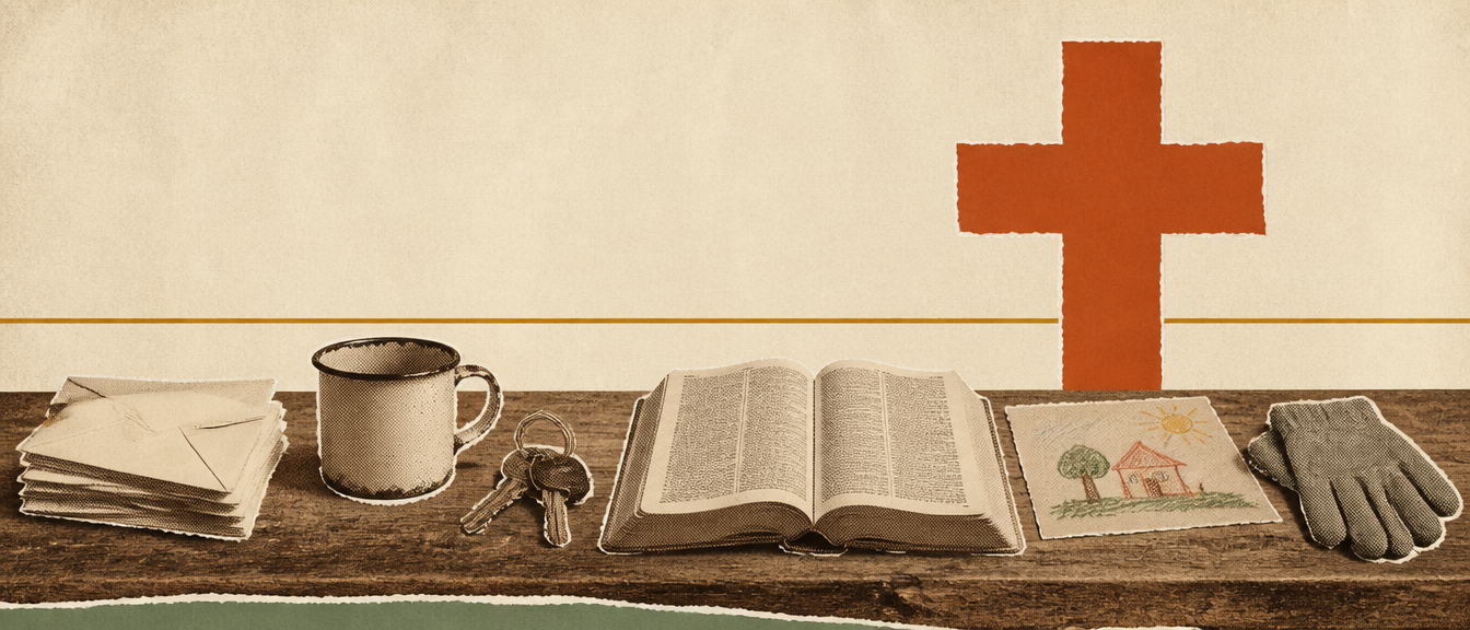 A worn kitchen table laid with unopened envelopes, a chipped mug, car keys, an open Bible, a child's crayon drawing and a work glove, a torn paper cross standing behind it
