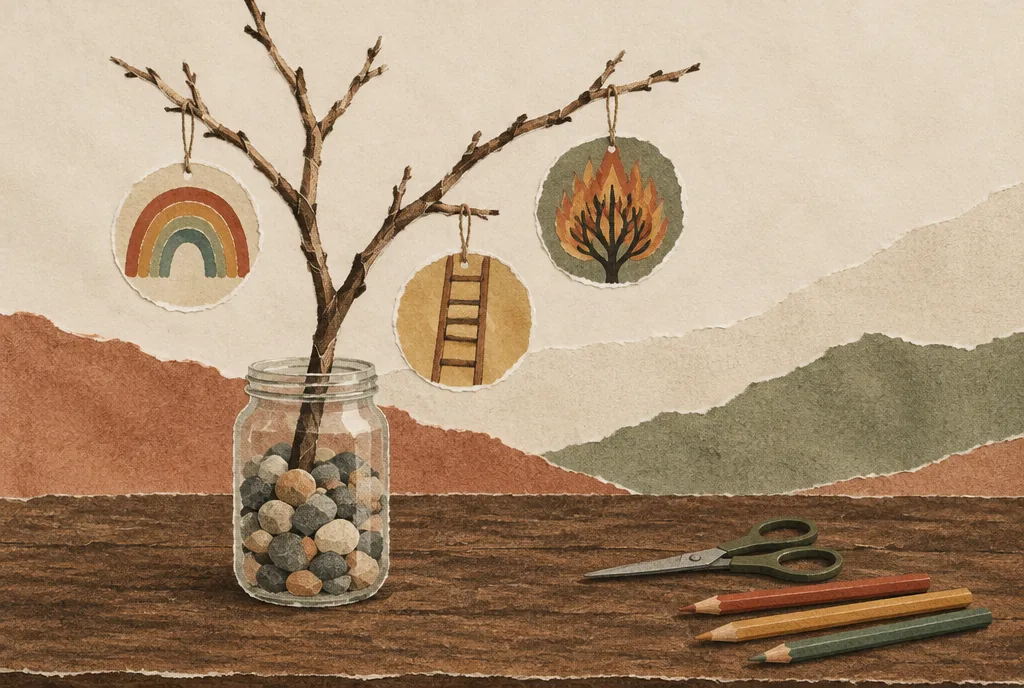 A bare branch standing in a glass jar of stones, hung with hand-colored paper ornaments of a rainbow, a ladder and a burning bush, with scissors and colored pencils beside it.
