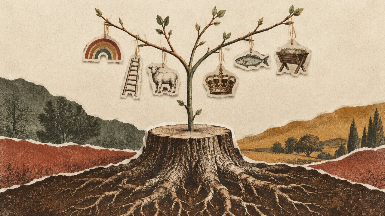 The Jesse Tree: Daily Readings and Ornaments for Advent 2026 A cut tree stump with a single green shoot growing into a slender branch hung with small paper ornaments: a rainbow, a ladder, a lamb, a crown, a fish and a manger.