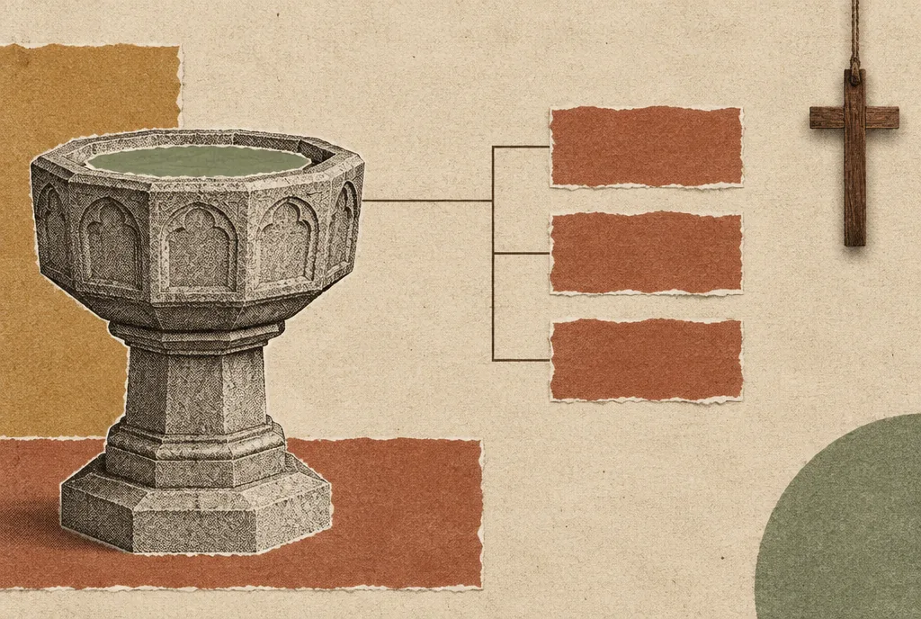 A plain stone baptismal font beside three blank paper tabs in a column, with a small cross at the edge.