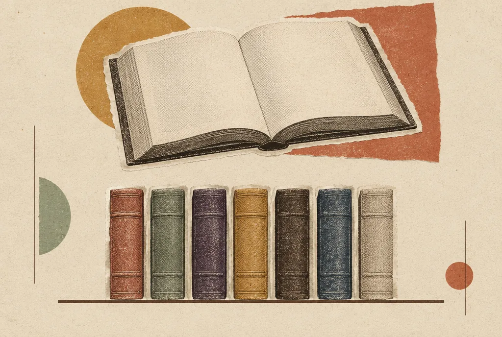 A row of seven small books with differently colored spines on a plain shelf, below one larger open book.