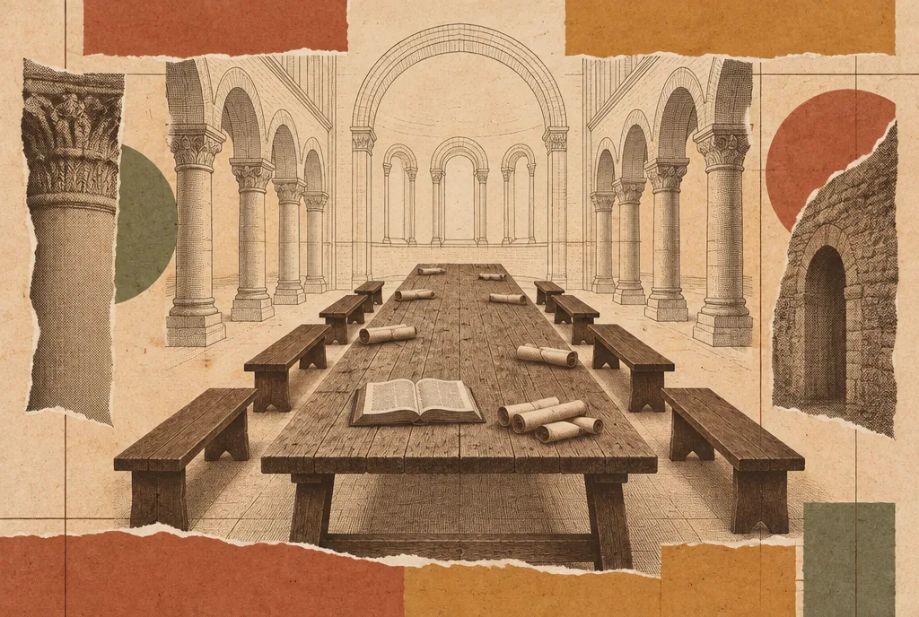 Seen from above, a long table with empty benches, scrolls and an open book inside the outline of an ancient arched hall.