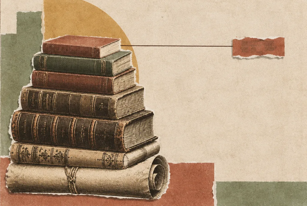 Seen as a collage: a tall stack of old books and a scroll beside one short torn strip of paper, linked by a thin line.