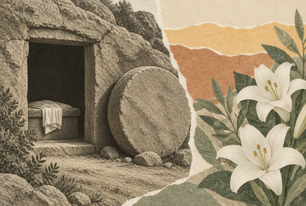 An open rock tomb with its round stone rolled aside and folded linen cloths inside, beside a garden of white lilies.