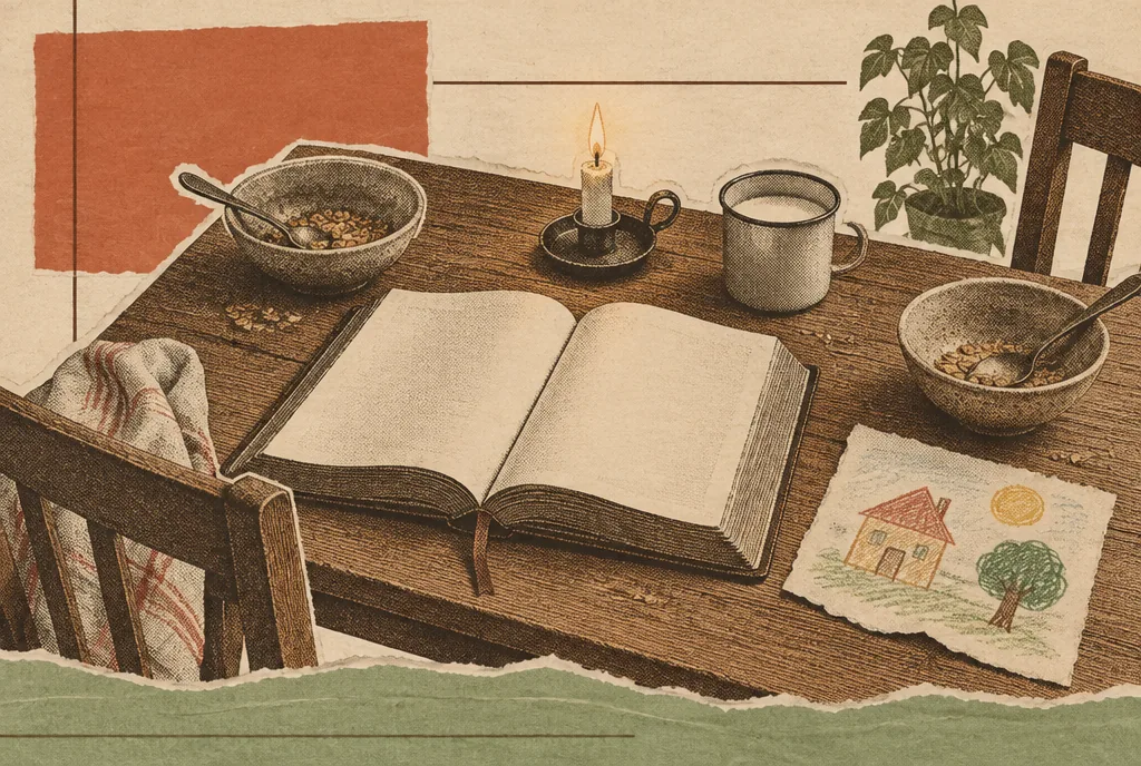 A kitchen table set with an open Bible, cereal bowls, a cup of milk, a small candle and a child's crayon drawing.