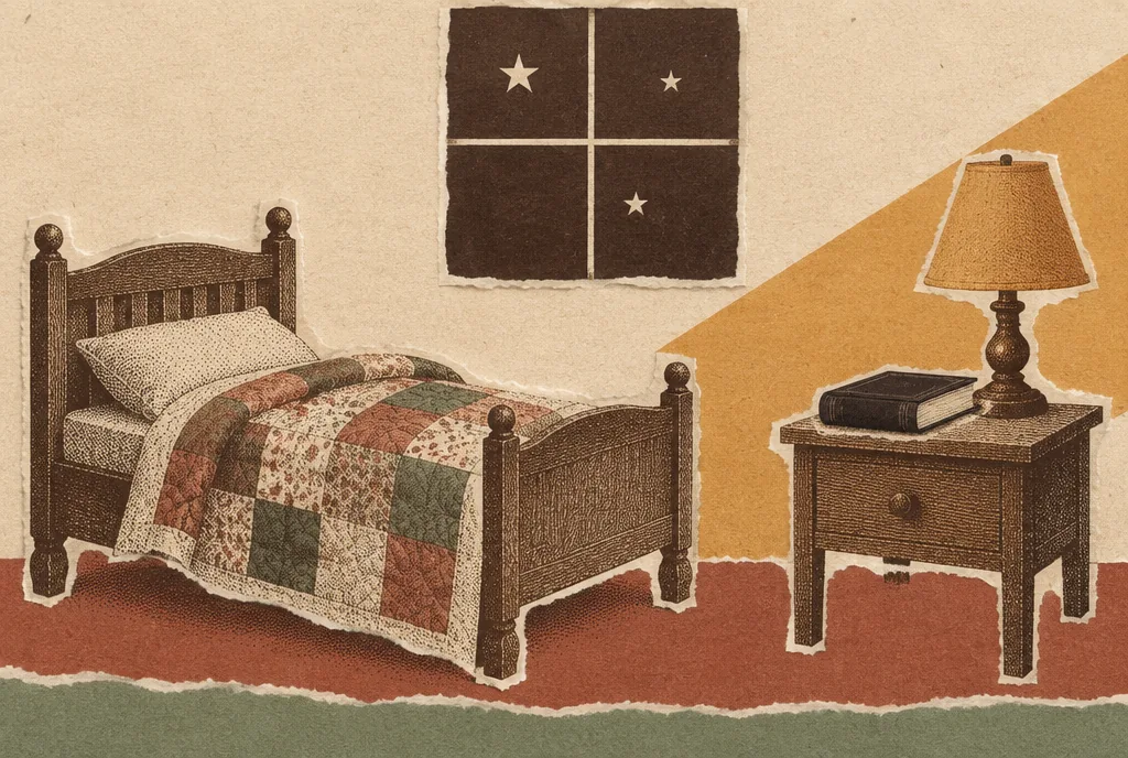 A child's bed with a patchwork quilt, and a lamp and a Bible on the nightstand beneath a window with stars.