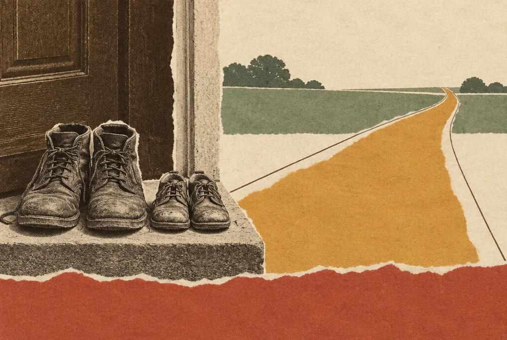 Two pairs of shoes, one large and one small, side by side at a doorway that opens onto a road.