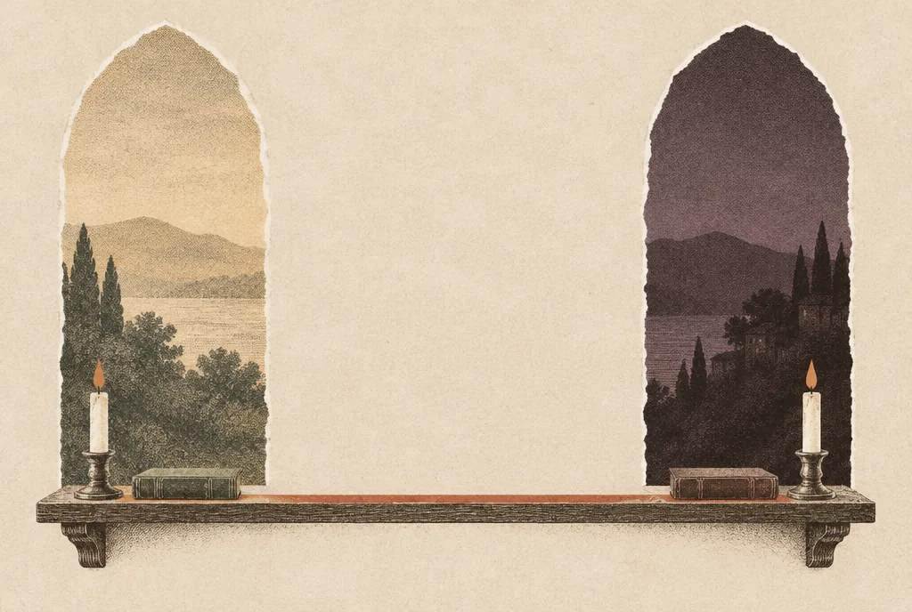 Two arched windows, one in morning colors and one in evening colors, each with a lit candle and a closed book on the ledge below.