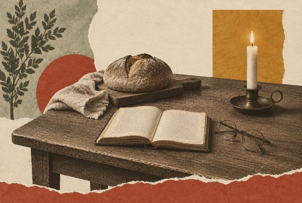 A plain kitchen table with an open prayer book, a loaf of bread, reading glasses and one lit candle.