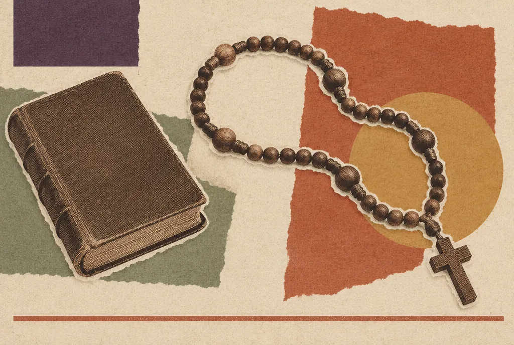 A plain wooden rosary in a loose loop beside a small closed book.