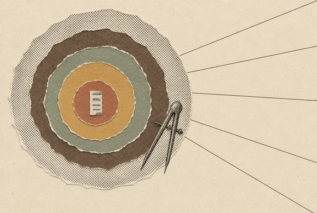 Five torn-paper rings, one inside another, around a tiny strip of printed text at the center.
