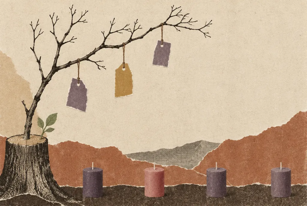A green shoot growing from a stump beneath a bare branch hung with blank paper tags, above four unlit candles.