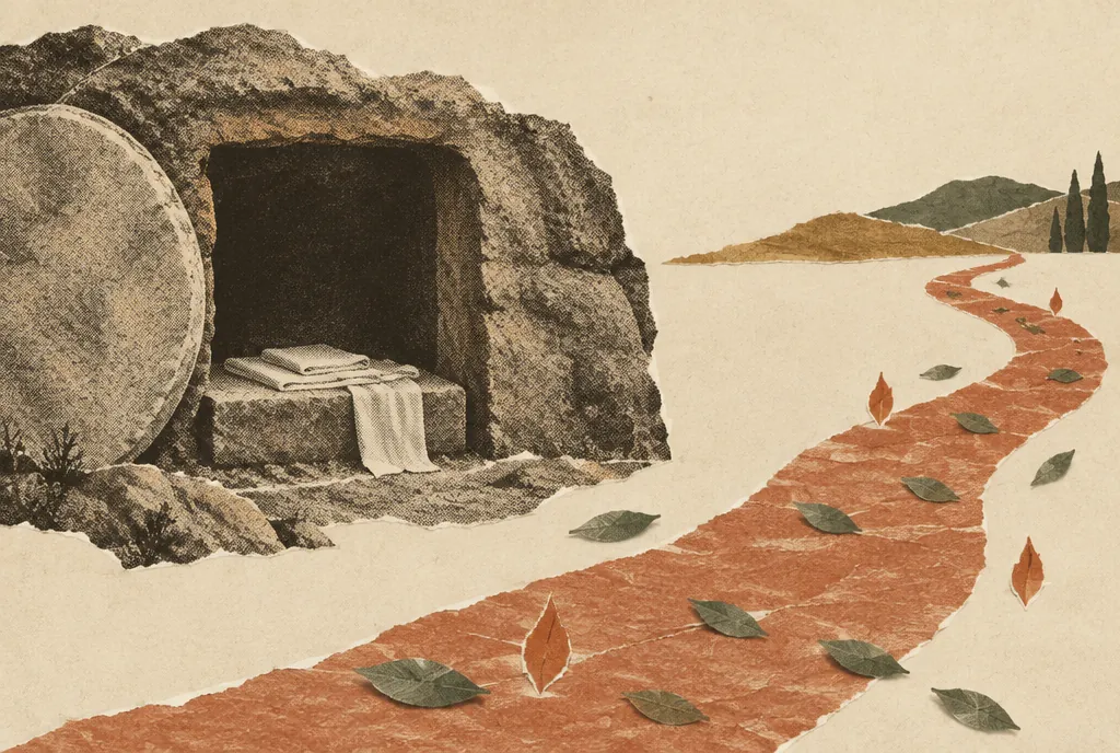 An open rock tomb with its stone rolled aside and folded grave cloths inside, beside a road scattered with leaves and small flame shapes.