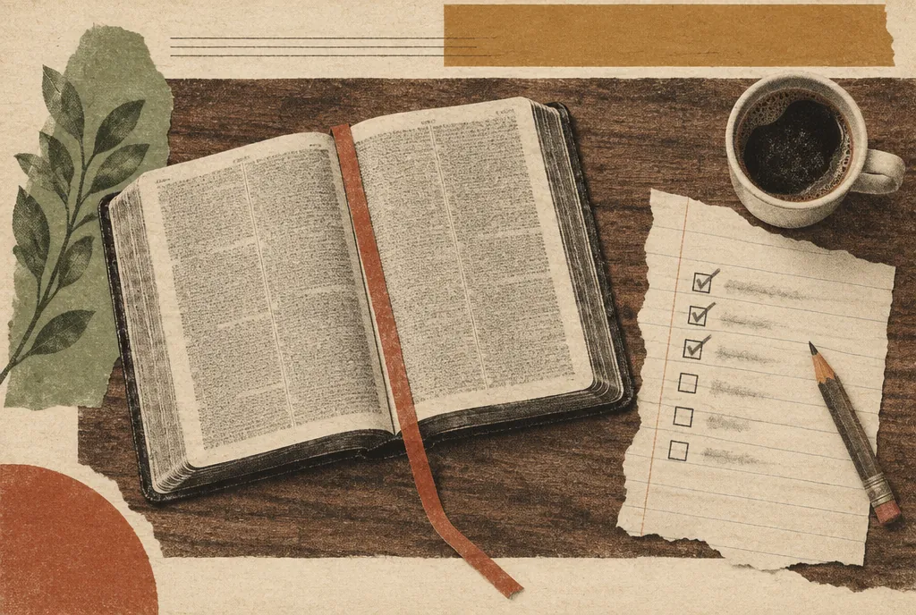 Seen from above, an open Bible with a ribbon bookmark beside a sheet of checkboxes, a few ticked in pencil, a pencil and a cup of coffee.