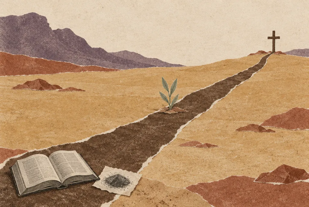 A long paper footpath crossing a desert toward a small plain wooden cross, with an open book and a smudge of ash at its start.